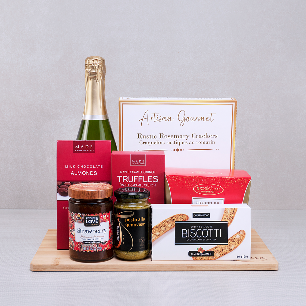 Sparkling Wine & Artisan Gourmet Indulgence gift set with chocolate almonds, truffles, strawberry jam, pesto and biscotti