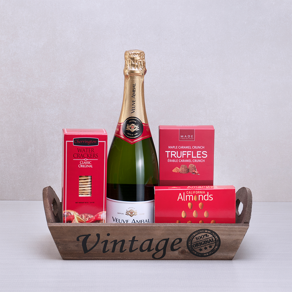 Vintage Sparkling Celebration Basket with Veuve Ambal sparkling wine, MADE maple truffles and almonds in a Vintage tray