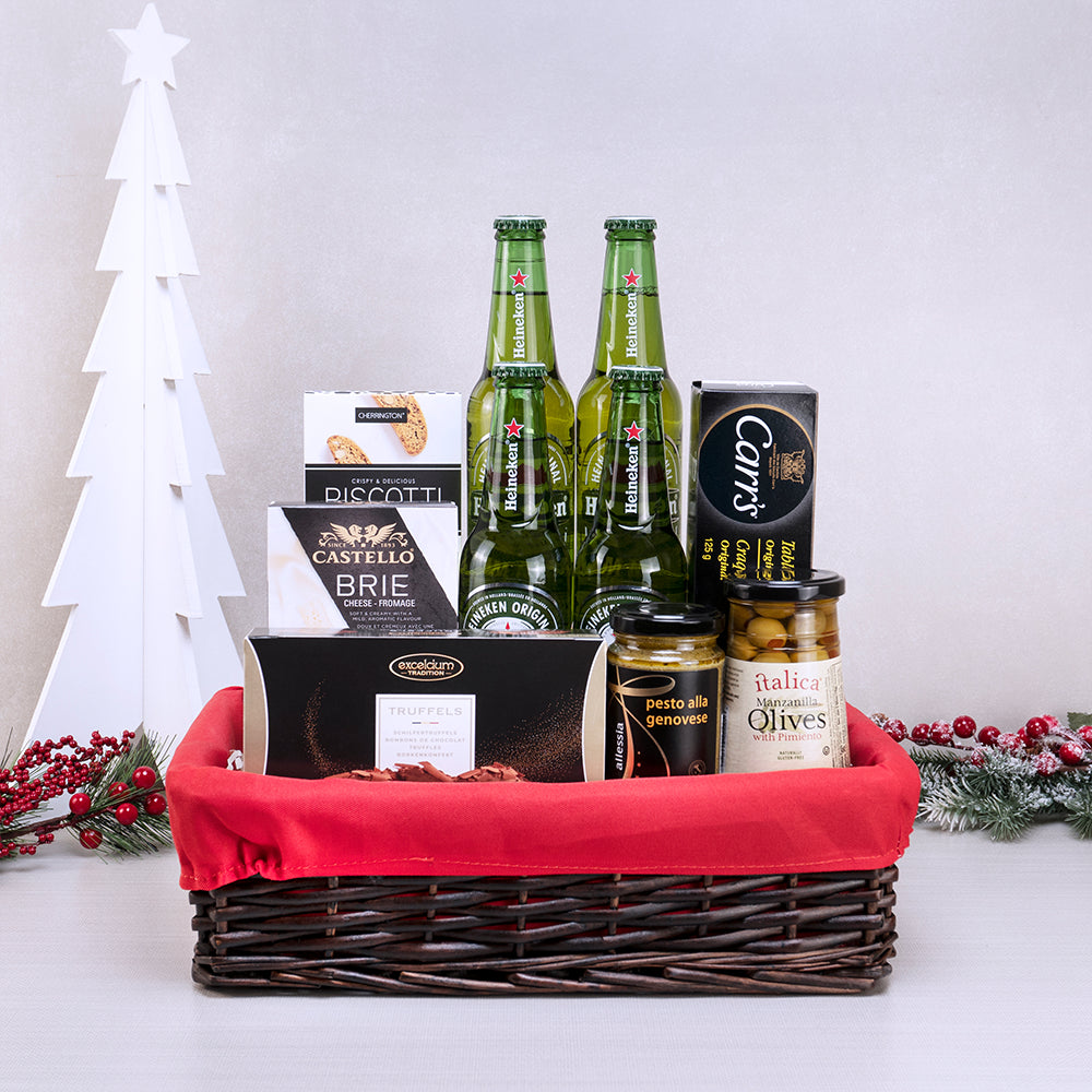 Beer & Chocolate Christmas Gift Set: four Heineken lagers, Castello brie, Excelcium truffles and olives in a red-lined basket