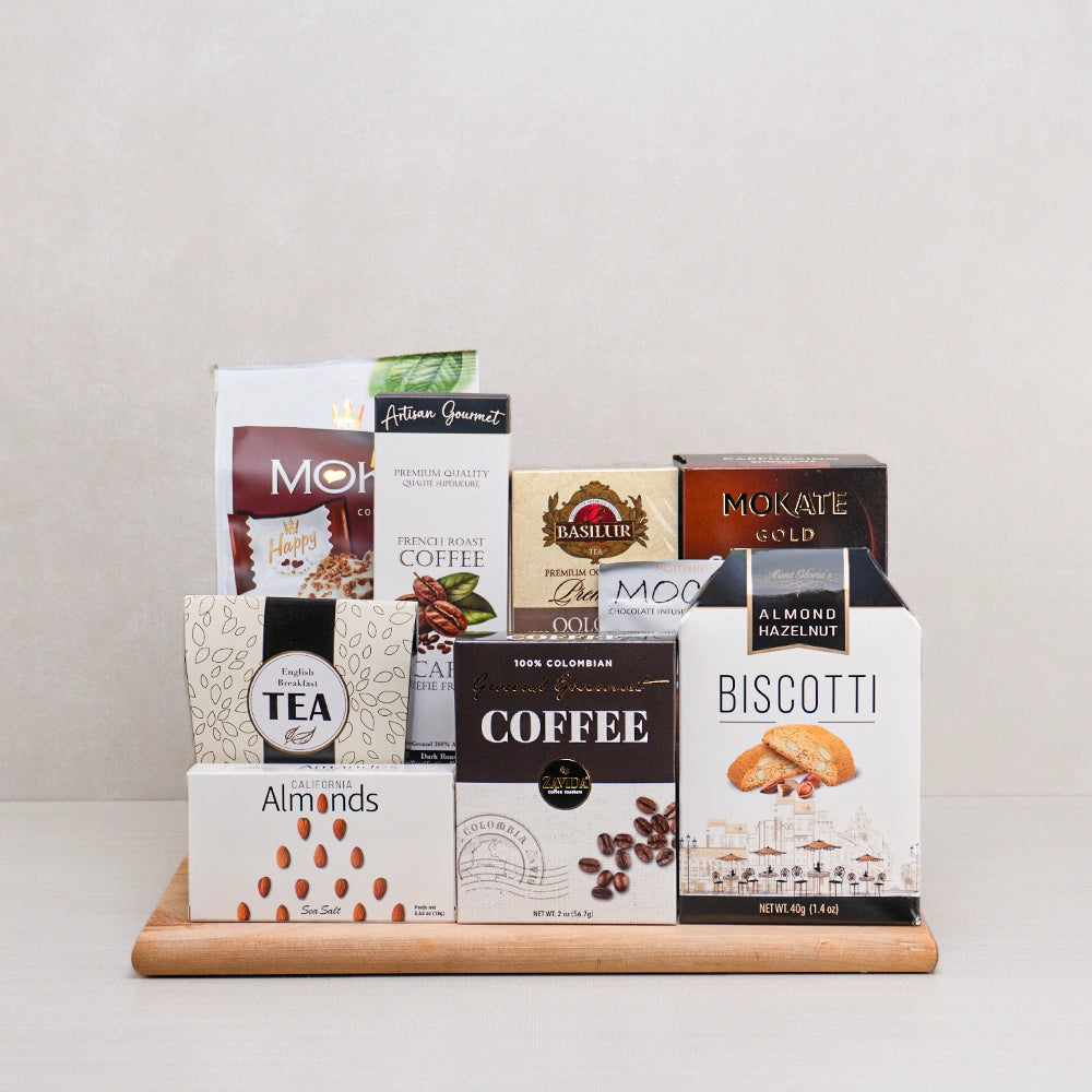 The Relaxation Retreat gift set with Basilur oolong tea, French roast and Colombian coffee, Mokate cappuccino and biscotti