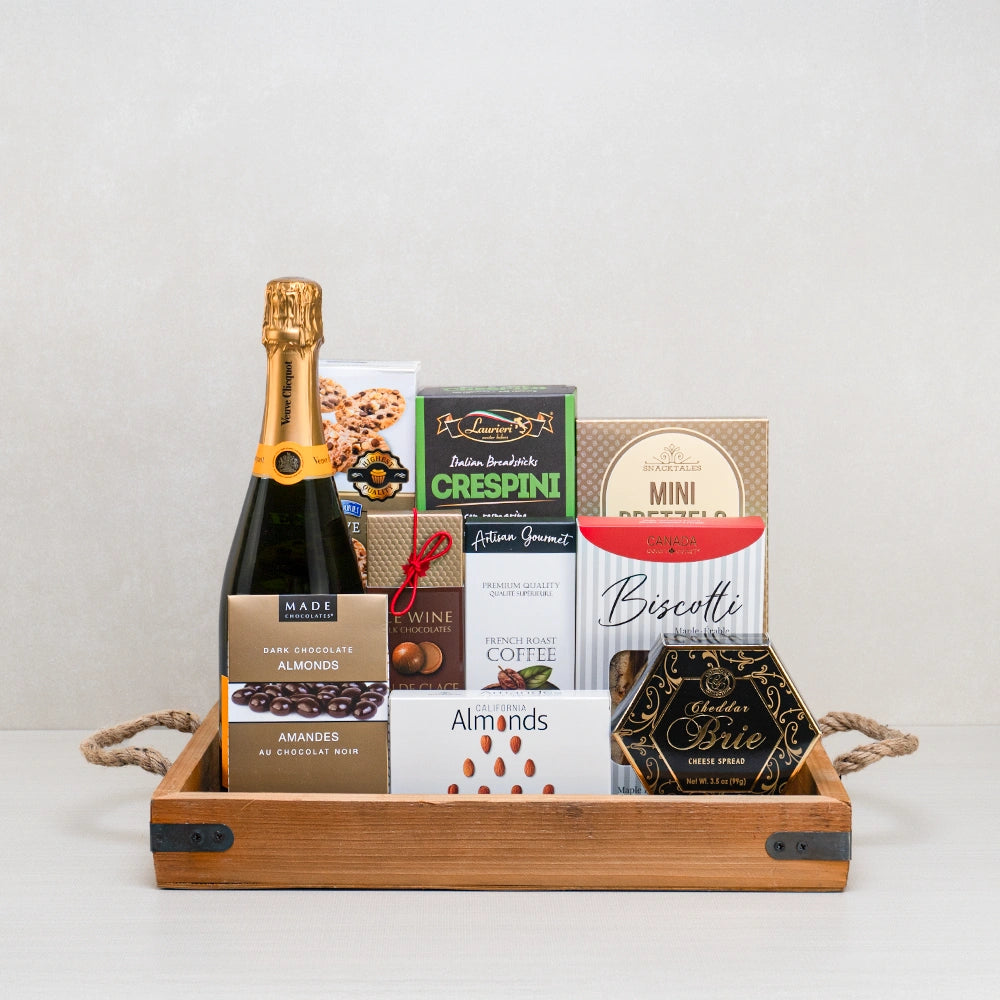 Gourmet & Champagne Gift Basket with Veuve Clicquot, Crespini breadsticks, pretzels, maple biscotti and chocolate almonds