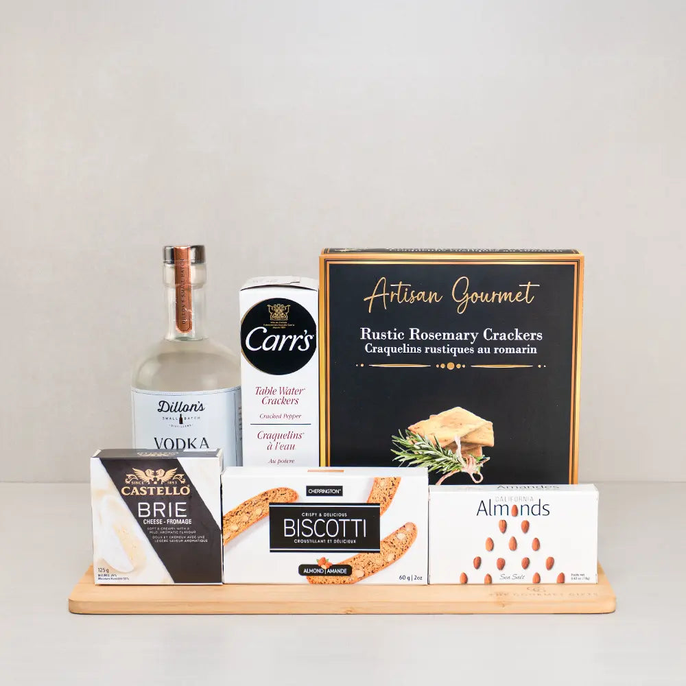 Dillon’s Holiday Vodka Surprise gift set with Dillon’s vodka, Castello brie, rosemary crackers, almond biscotti and almonds