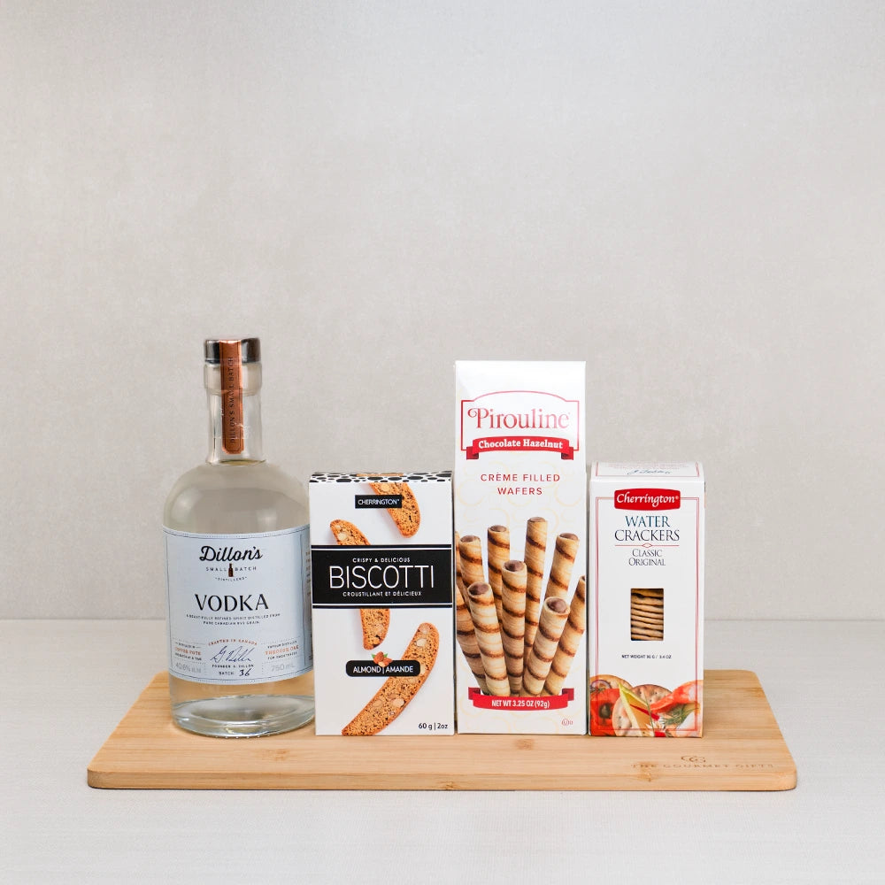 Gracious Vodka & Savory Delights gift basket with Dillon's vodka, Pirouline wafers, almond biscotti and water crackers
