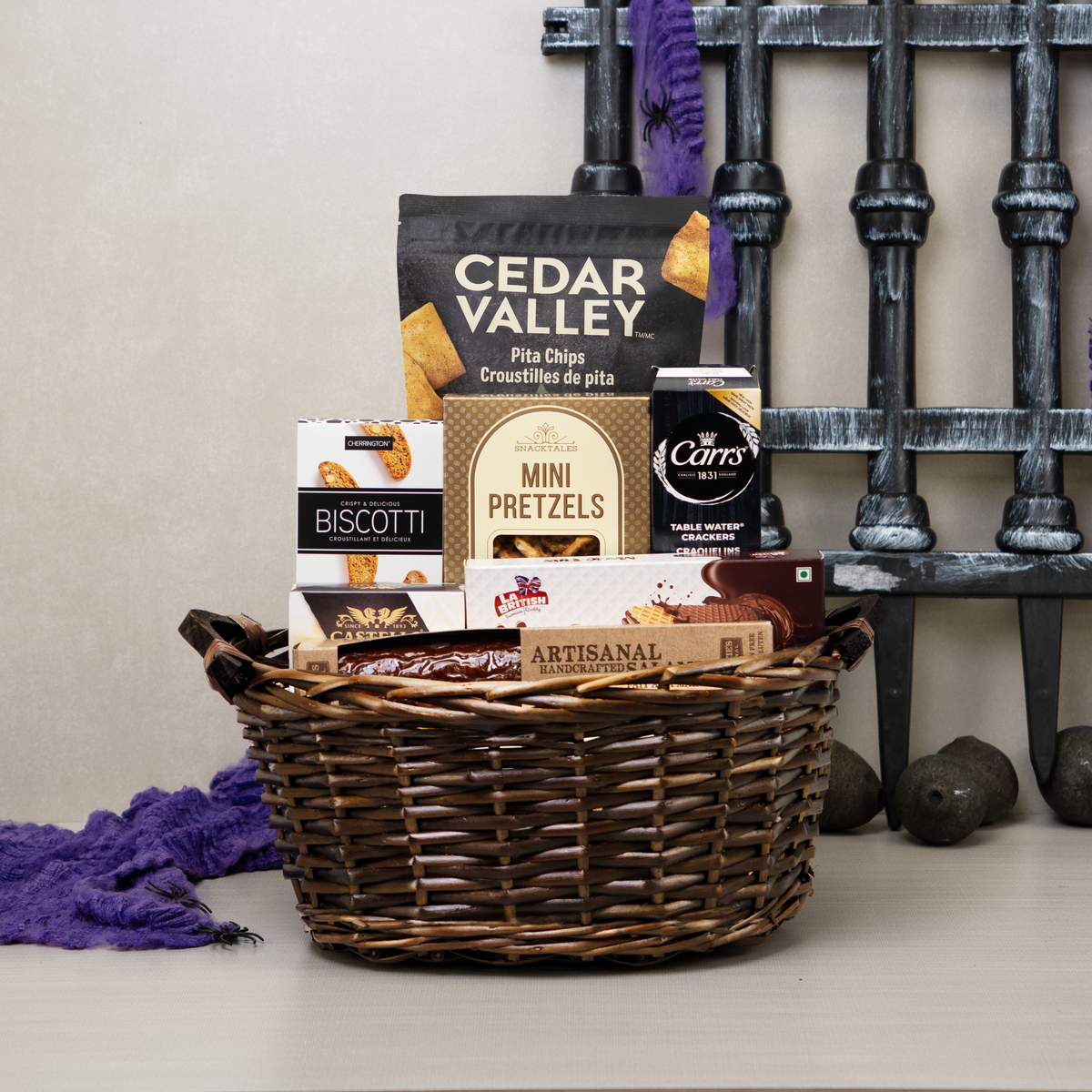 Halloween Savoury Willow Basket with Castello brie, salami, Cedar Valley pita chips, mini pretzels and Carr's crackers