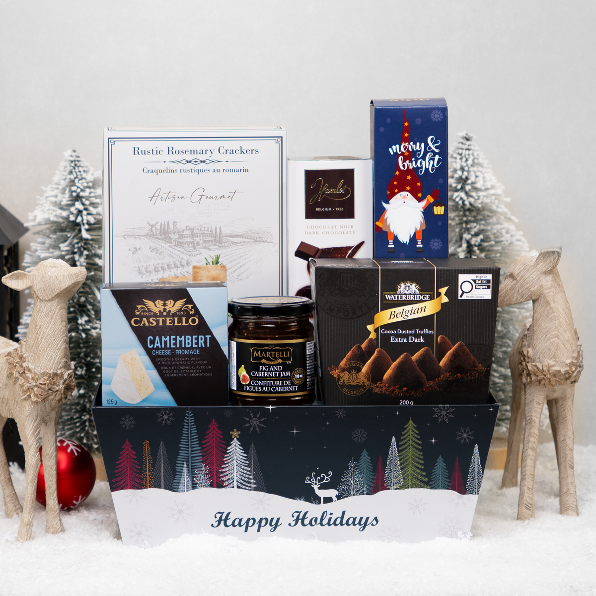 Happy Holidays Festive Gift Basket with camembert, crackers, jam, truffles, and chocolate thins.