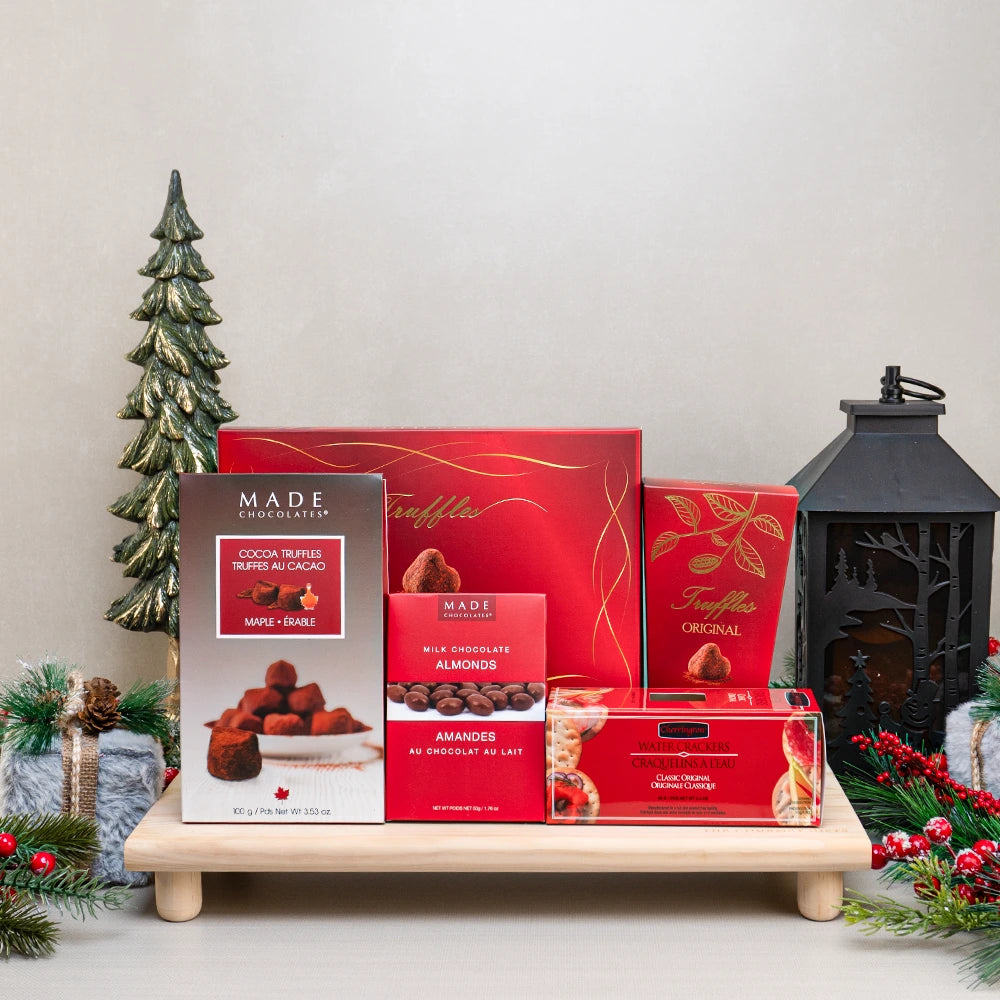Holiday Truffle Treasures gift tray with Made maple cocoa truffles, two more truffle boxes, chocolate almonds and crackers