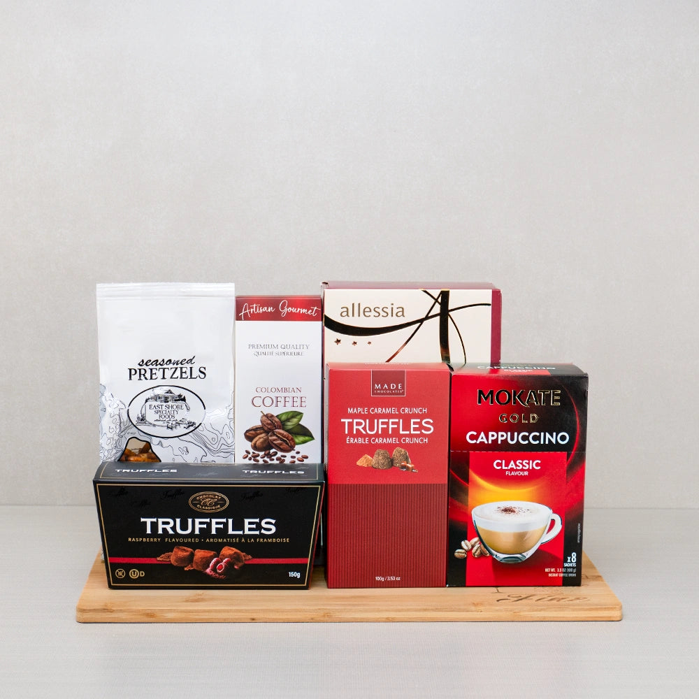 Love You a Latte Gift Set with Colombian coffee, Mokate cappuccino, raspberry and maple truffles and pretzels on bamboo