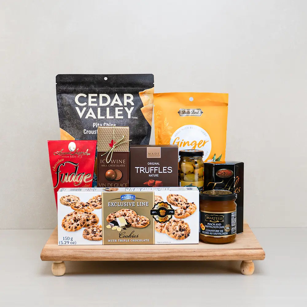 Mom’s Ultimate Gourmet Treats Hamper with Laura Secord fudge, ice wine chocolates, truffles, ginger chews and olives