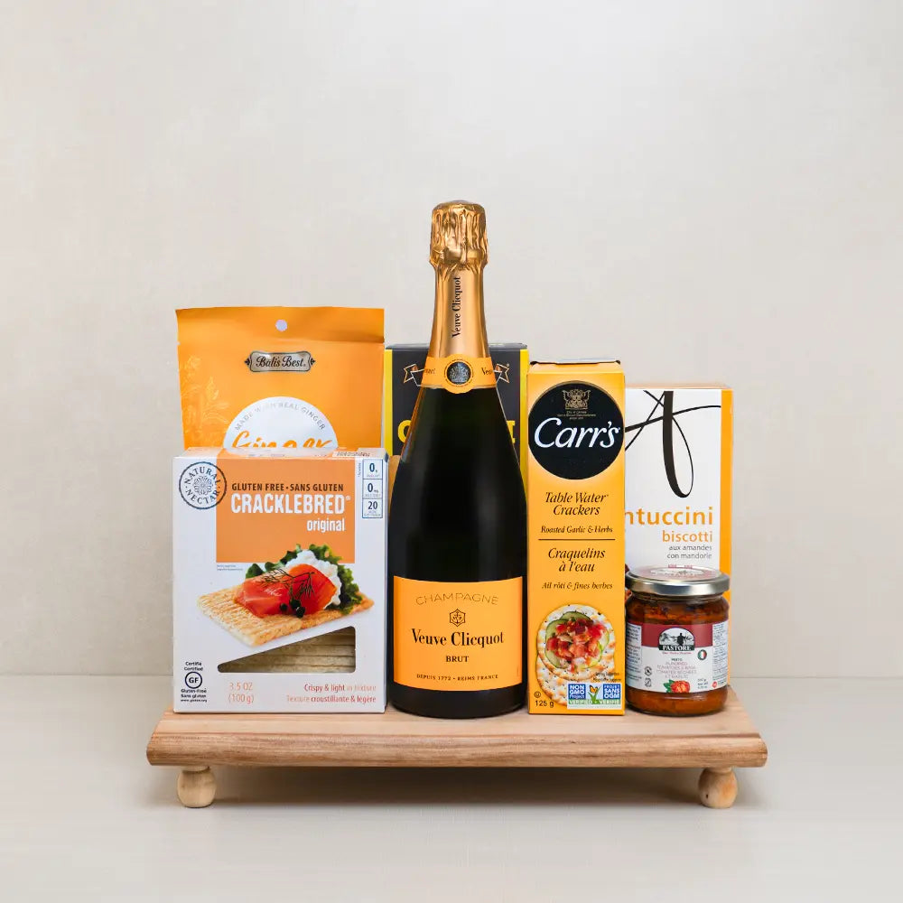 Luxury Thank You Champagne Basket with Veuve Clicquot Brut, Carr's crackers, Cracklebred and ginger chews on a footed board