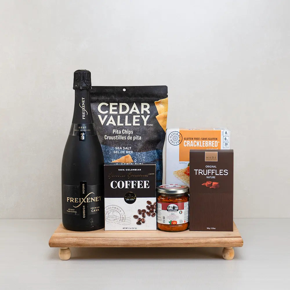 Delightful Bites Gift Hamper with Freixenet Cordon Negro cava, Cedar Valley pita chips, Colombian coffee and Made truffles