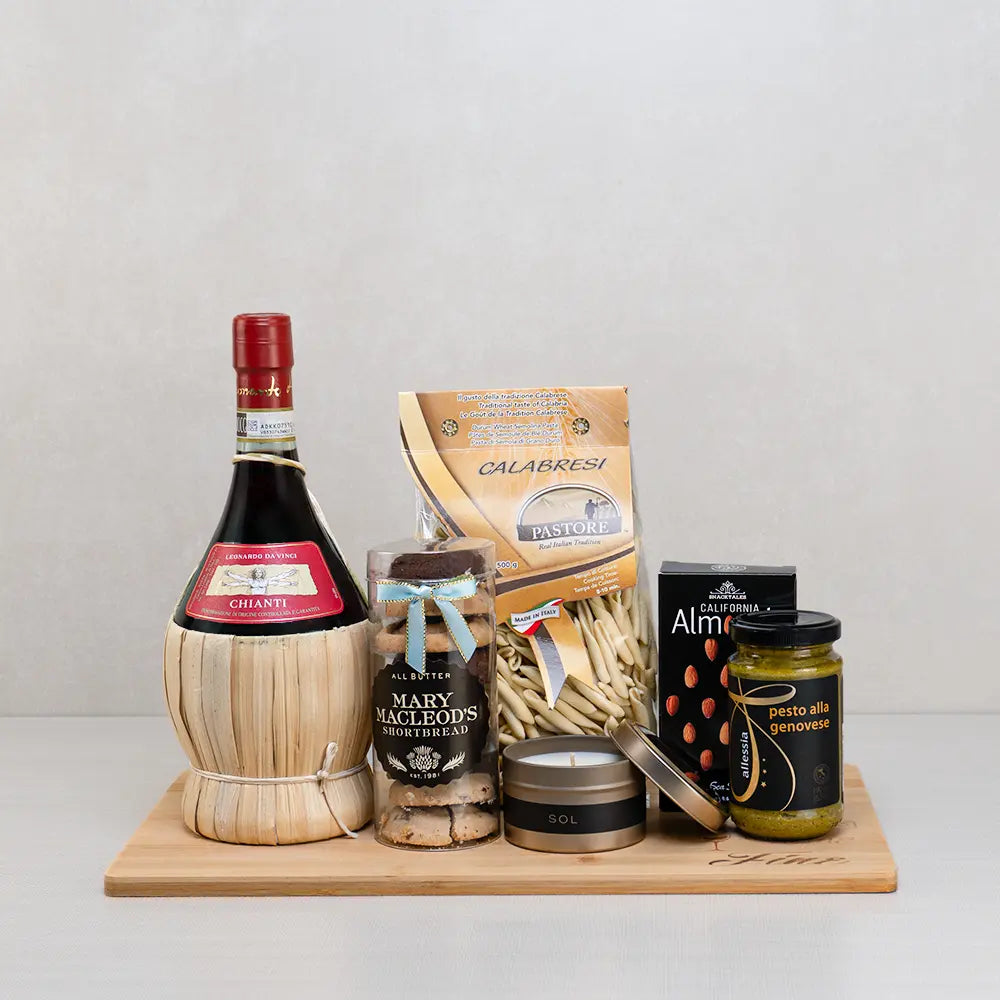 Simply Mom-azing Basket with Leonardo da Vinci Chianti, Mary Macleod's shortbread, Pastore pasta, pesto and a candle tin