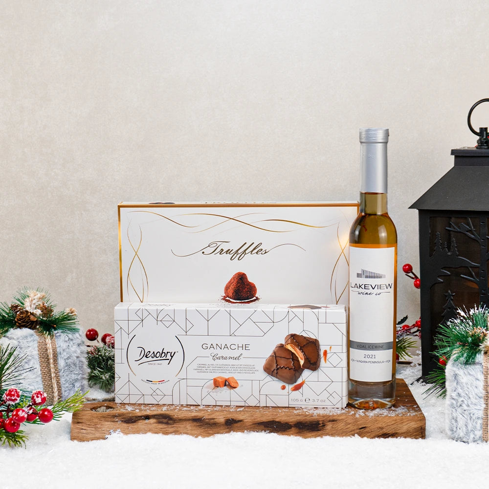 Midnight Around the Tree gift set with Lakeview Vidal Icewine, cocoa truffles and Desobry caramel biscuits on a rustic board