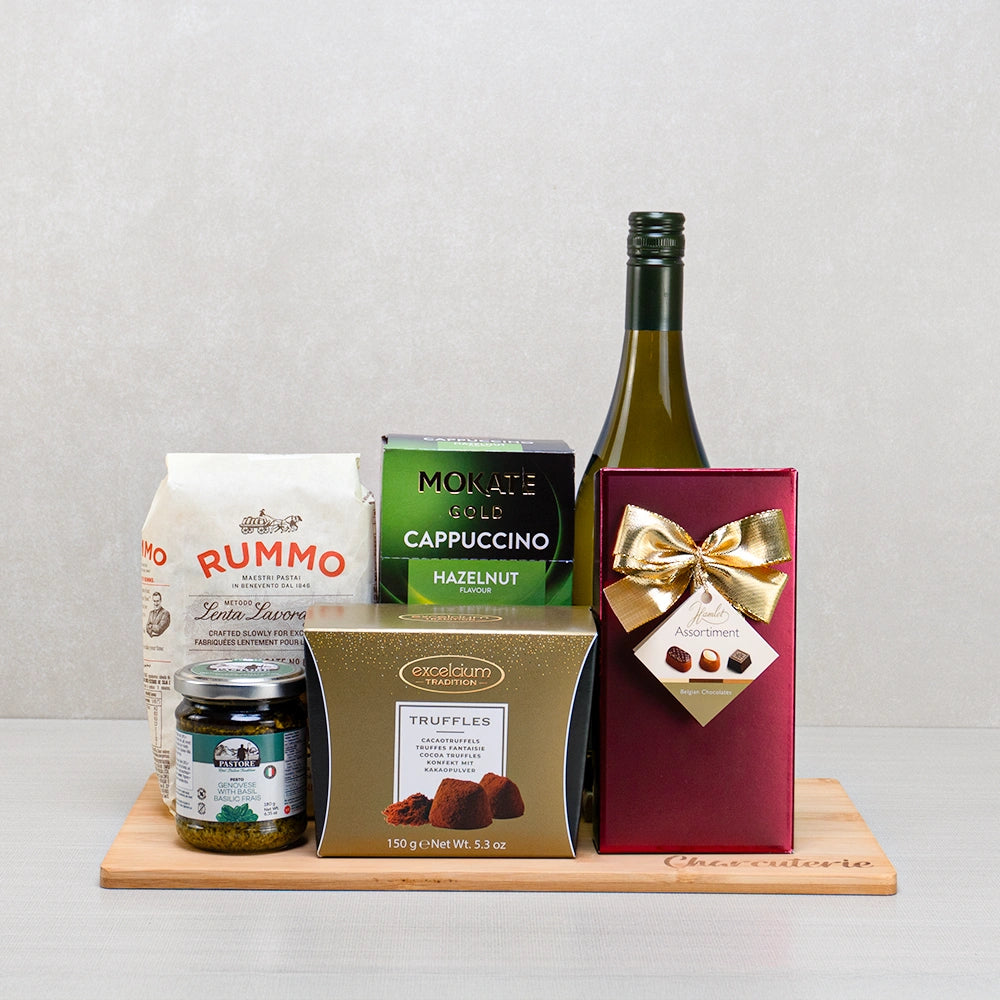 Pasta & Pesto Gourmet Delight gift set with white wine, Rummo penne, Pastore pesto, Hamlet chocolates and Excelcium truffles