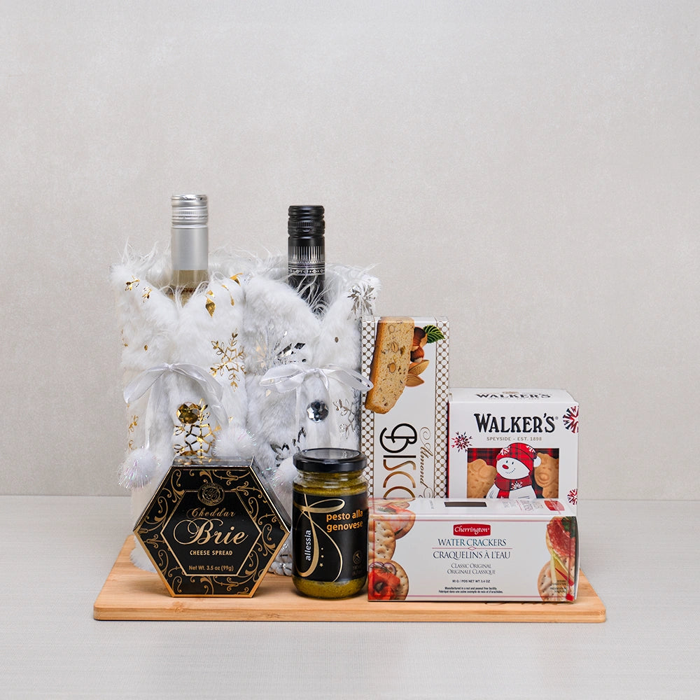 Merry & Bright Wine Pair gift set: red and white wine in faux fur sleeves, Walkers shortbread, biscotti and brie spread
