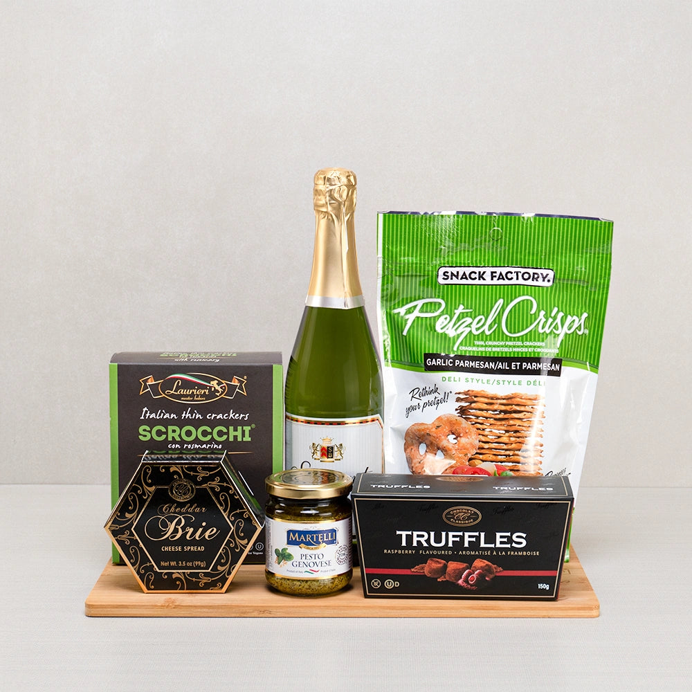 Season’s Sparkling Feast gift set with sparkling wine, raspberry truffles, rosemary crackers, Pretzel Crisps and brie spread