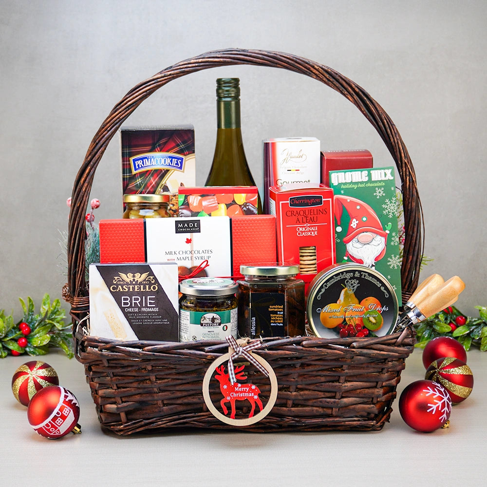 Season’s Best Christmas Gift Basket in dark willow with white wine, Castello brie, Made maple chocolates and Gnome Mix cocoa