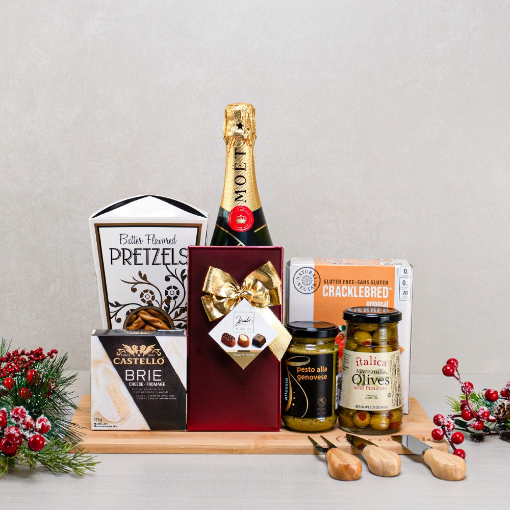 Holiday Champagne, Brie & Chocolate gift set with Moët, Castello brie, Hamlet Belgian chocolates, olives and cheese knives