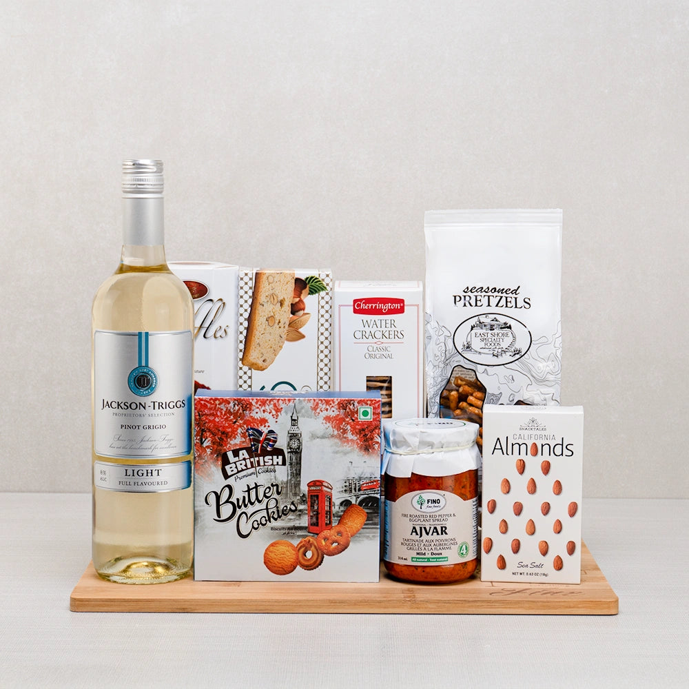Luxe White Wine Savory Treats Gift Basket
