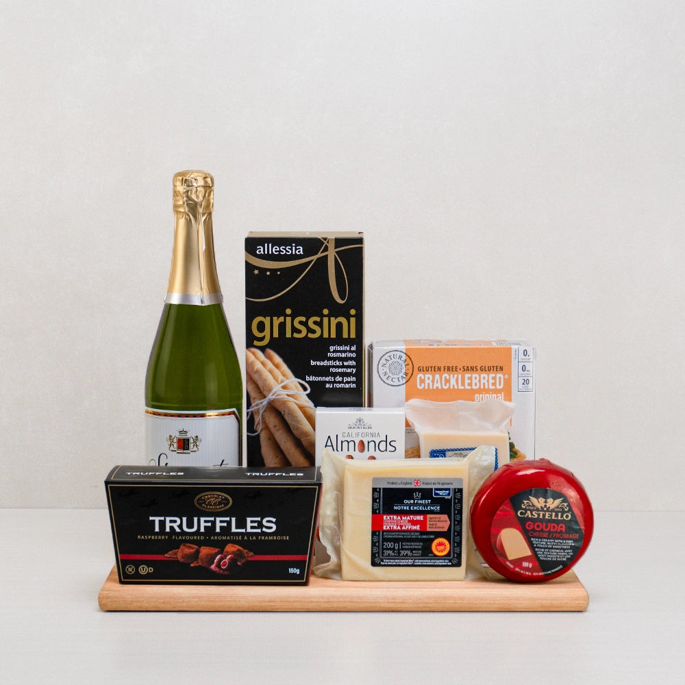 Cheese Lover’s Delight Basket with sparkling wine, Castello Gouda, extra mature cheddar, grissini and raspberry truffles
