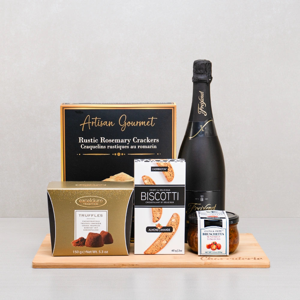 Rosemary Crackers & Wine Indulgence gift set: Freixenet sparkling wine, Excelcium truffles, almond biscotti and bruschetta
