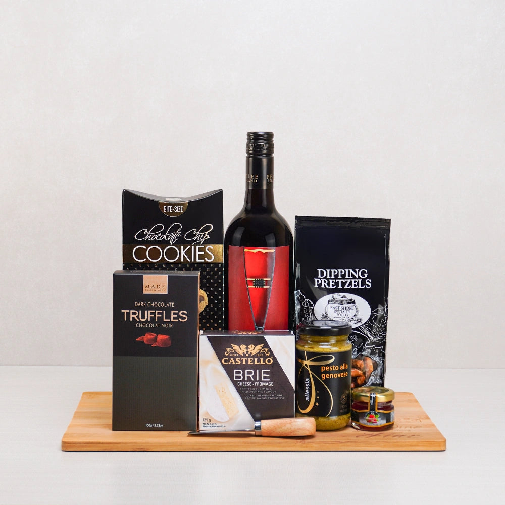 Classic Pretzel & Red Wine Fusion gift set with red wine, East Shore dipping pretzels, Castello brie and Allessia pesto