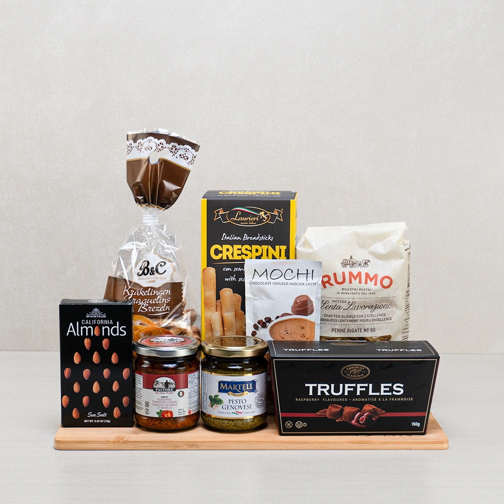 Premium Italian Snacking Essentials gift set with Rummo penne, two pestos, Crespini breadsticks and raspberry truffles