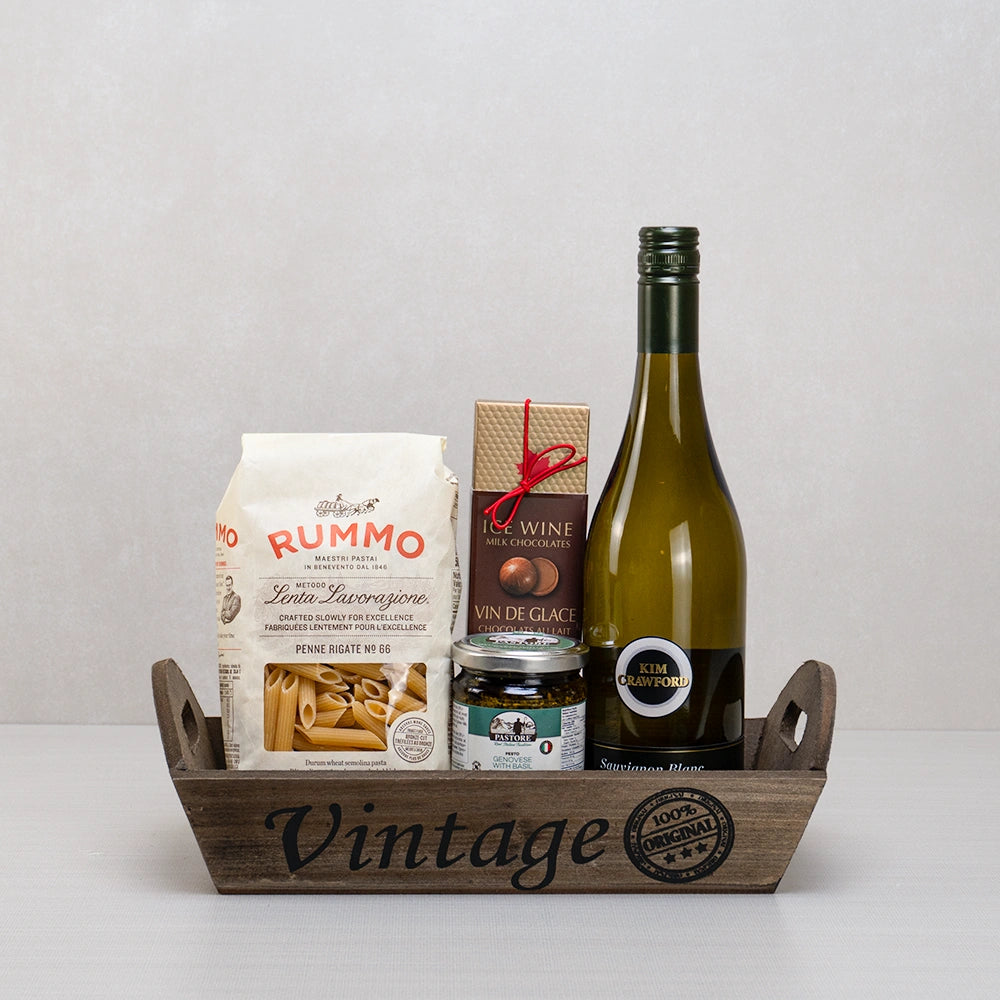 Rustic Wine & Pasta Collection: Kim Crawford Sauvignon Blanc, Rummo penne, pesto and ice wine chocolates in a Vintage tray