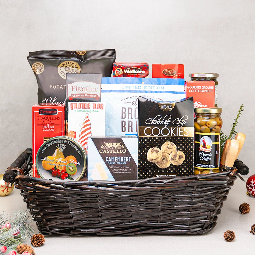 Snack Sensation Gourmet Basket with Castello Camembert, Pirouline wafers, brownie brittle, stuffed olives and fruit drops