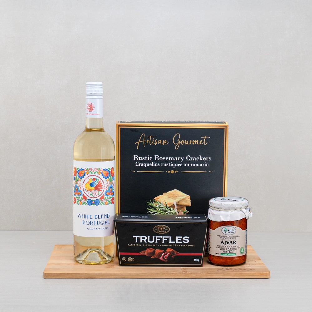 White Wine & Artisan Treats Hamper with a Portuguese white blend, rosemary crackers, raspberry truffles and ajvar spread