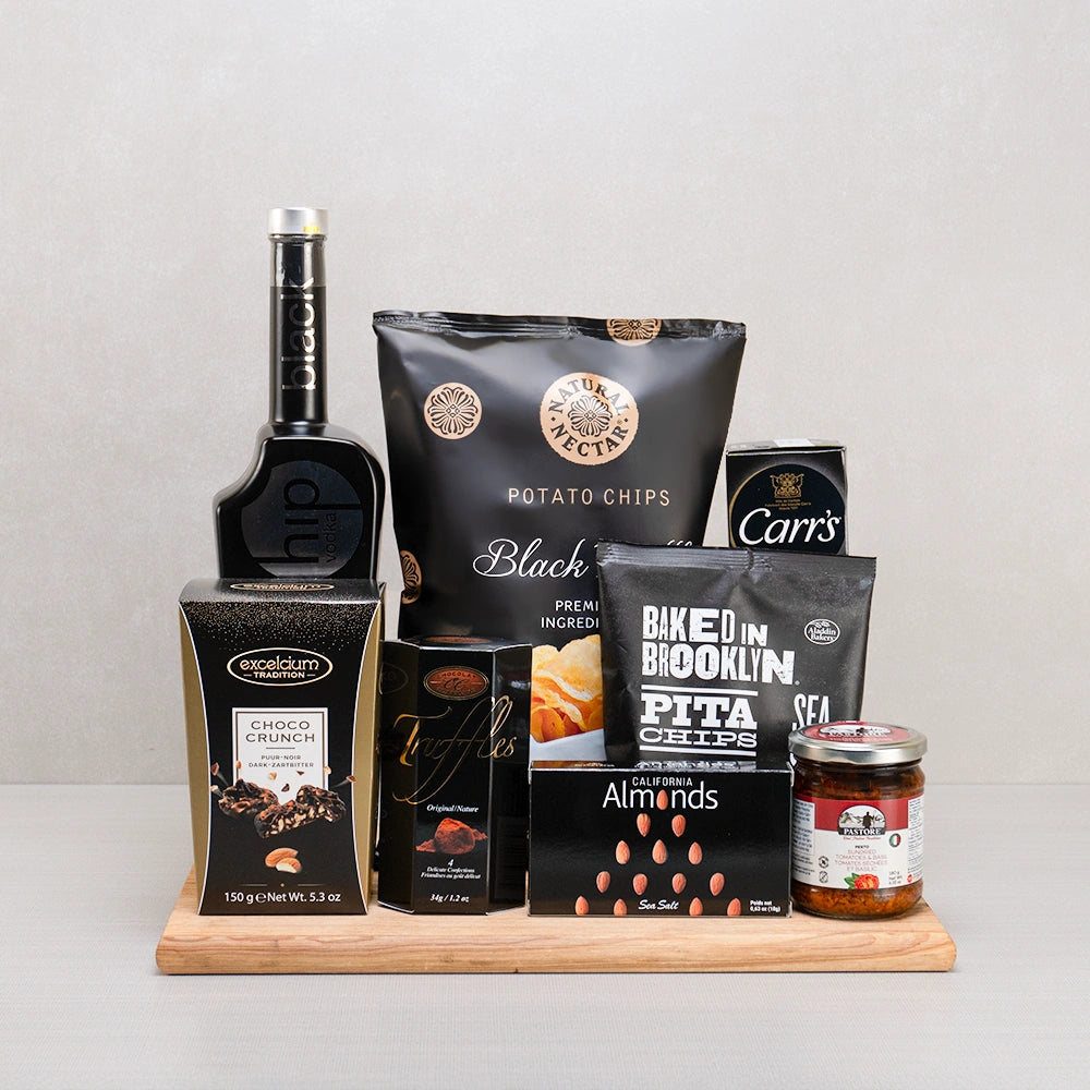 Vodka & Savory Delights gift set with vodka in a black bottle, black truffle chips, Baked in Brooklyn pita chips and almonds