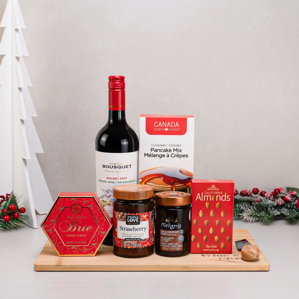 Season’s Best Celebration Basket with Domaine Bousquet Malbec, pancake mix, Meligyris honey and Cheddar Brie spread