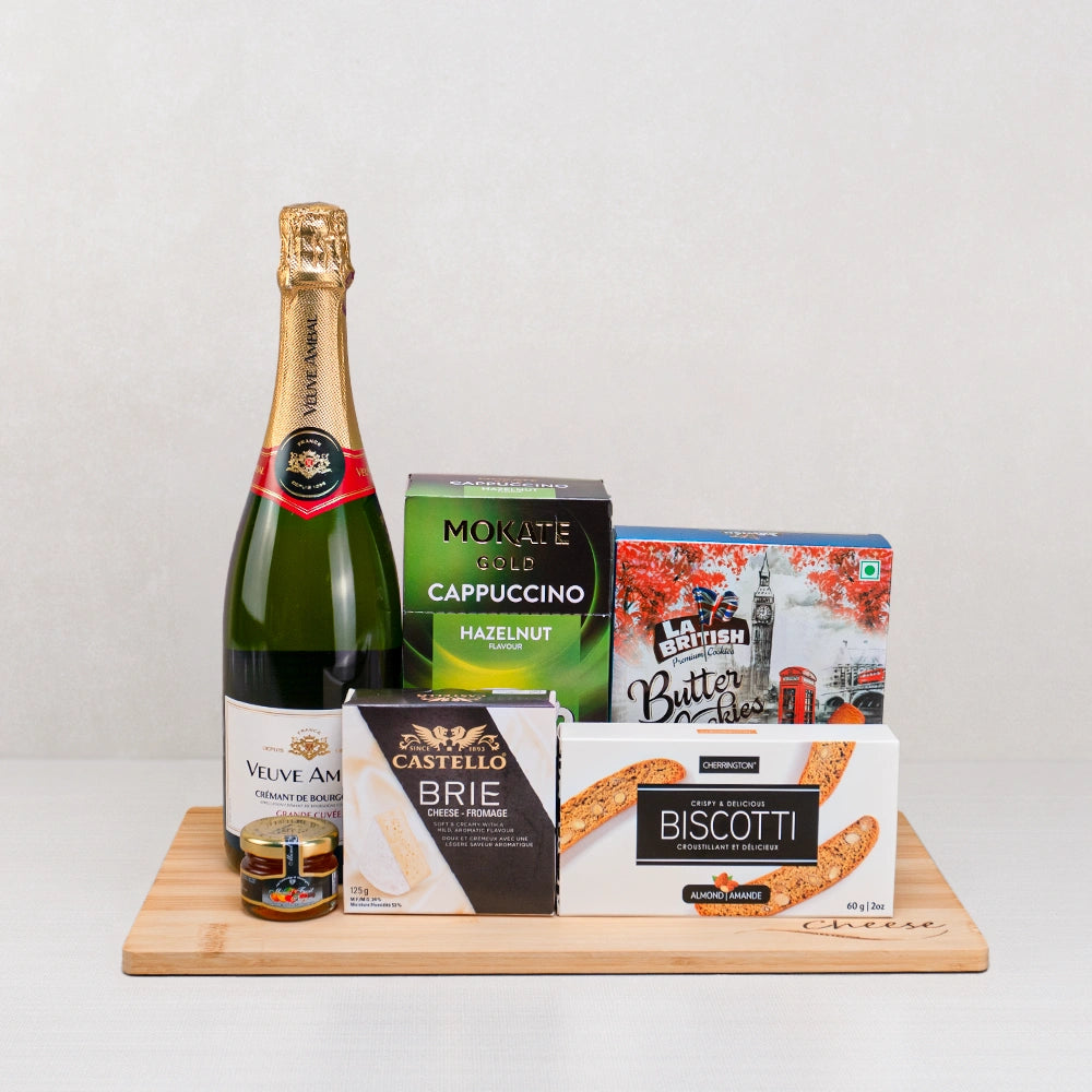 Premium Gift Set for Celebration with Veuve Ambal Crémant, Castello brie, La British butter cookies and hazelnut cappuccino
