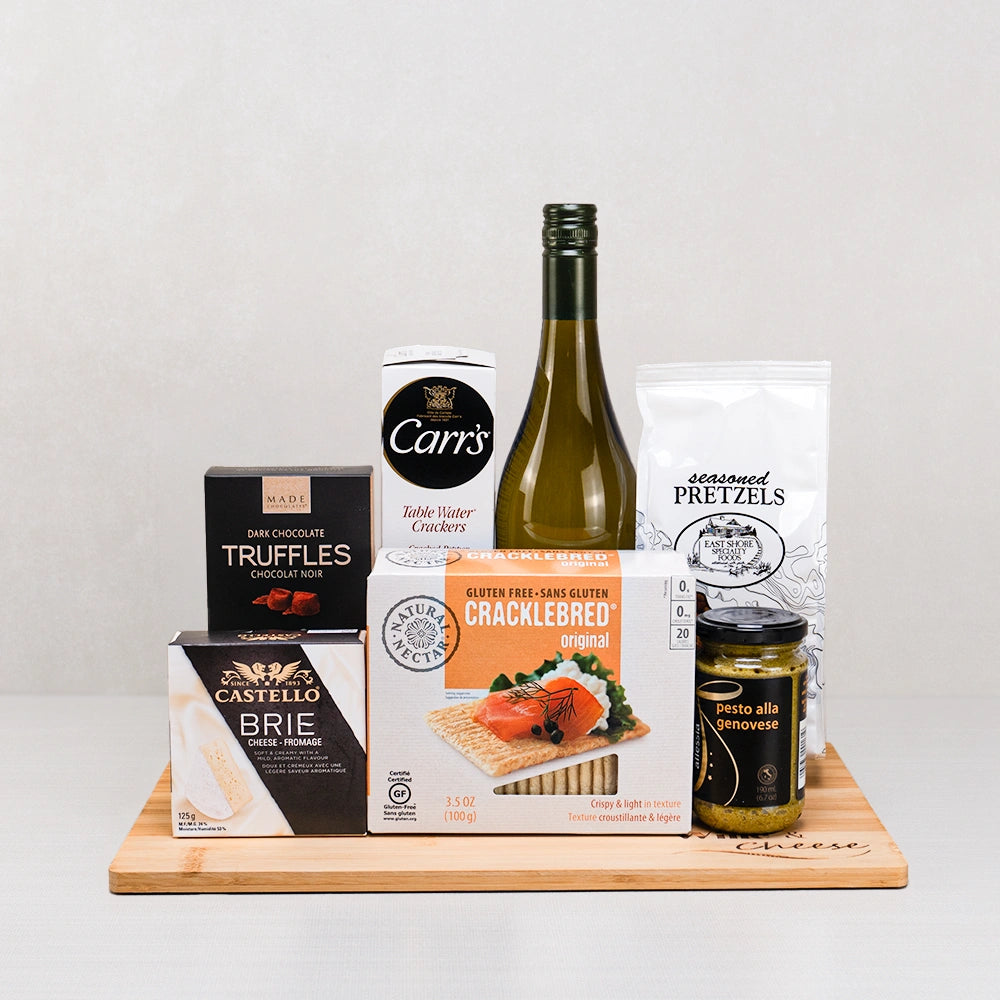 Wine, Crackers & Premium Snacks gift set with white wine, Castello brie, Carr's crackers, dark chocolate truffles and pesto
