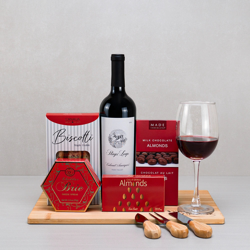 The Grand Vintage Ensemble gift set with Stags' Leap Cabernet, maple biscotti, Cheddar Brie spread and three cheese knives