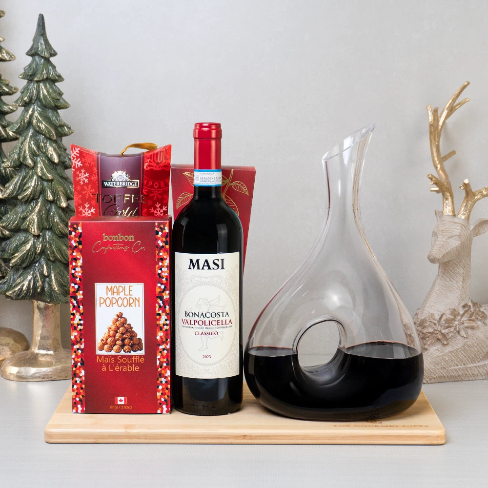 Red wine gift set with loop decanter, truffles, crackers, and Belgian biscuits on a board with same-day delivery in Ontario & Quebec.