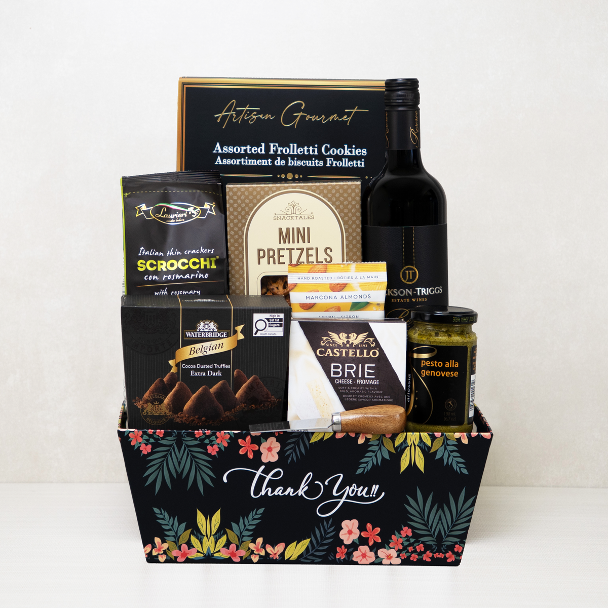 Signature Thank You Basket in a floral Thank You print with Jackson-Triggs red wine, Castello brie and Waterbridge truffles