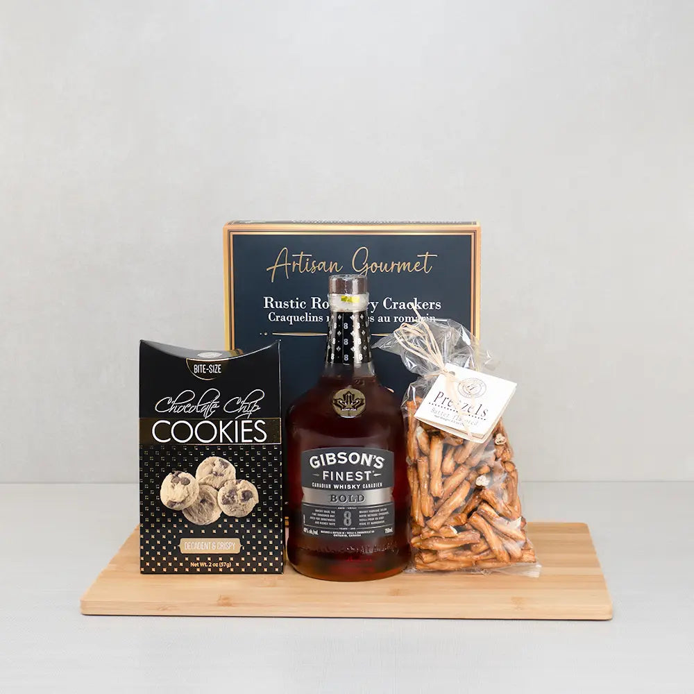 The 8-Year Reserve Set with Gibson's Finest Bold 8 Canadian whisky, chocolate chip cookies, rosemary crackers and pretzels