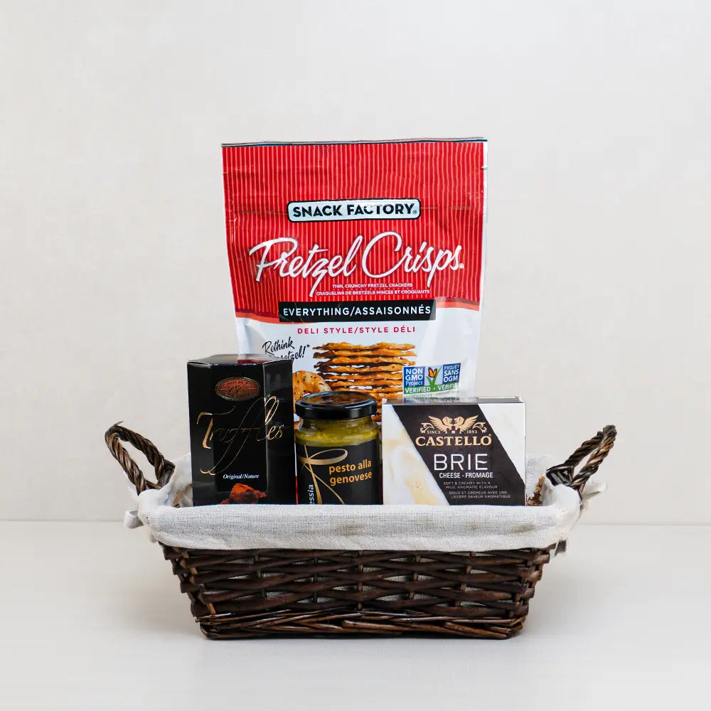 The Flavour Basket with Castello brie, Belgian chocolate truffles, Allessia pesto and Snack Factory Pretzel Crisps