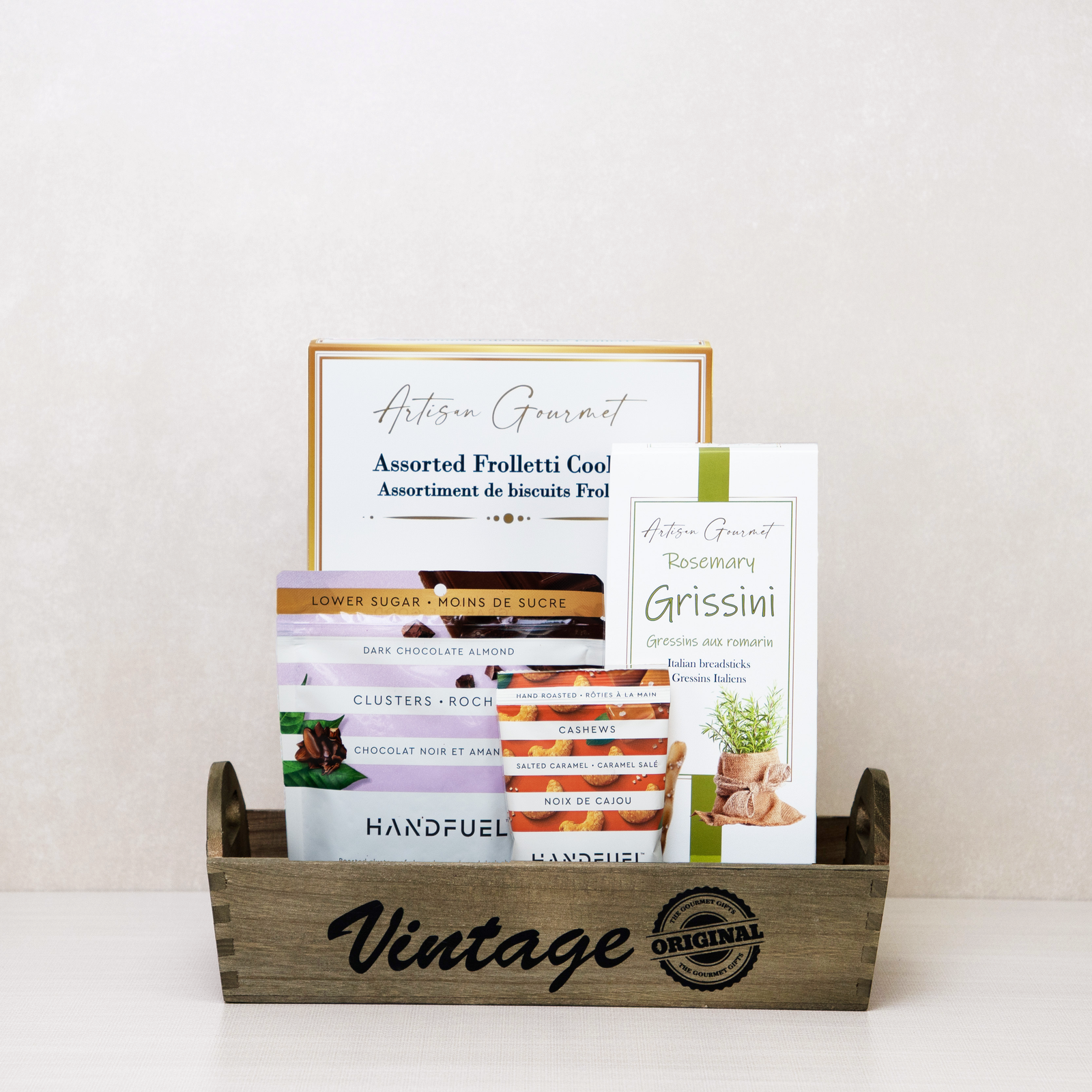 Vegan Gift Basket with chocolate almond clusters, cookies, rosemary breadsticks, and cashews.