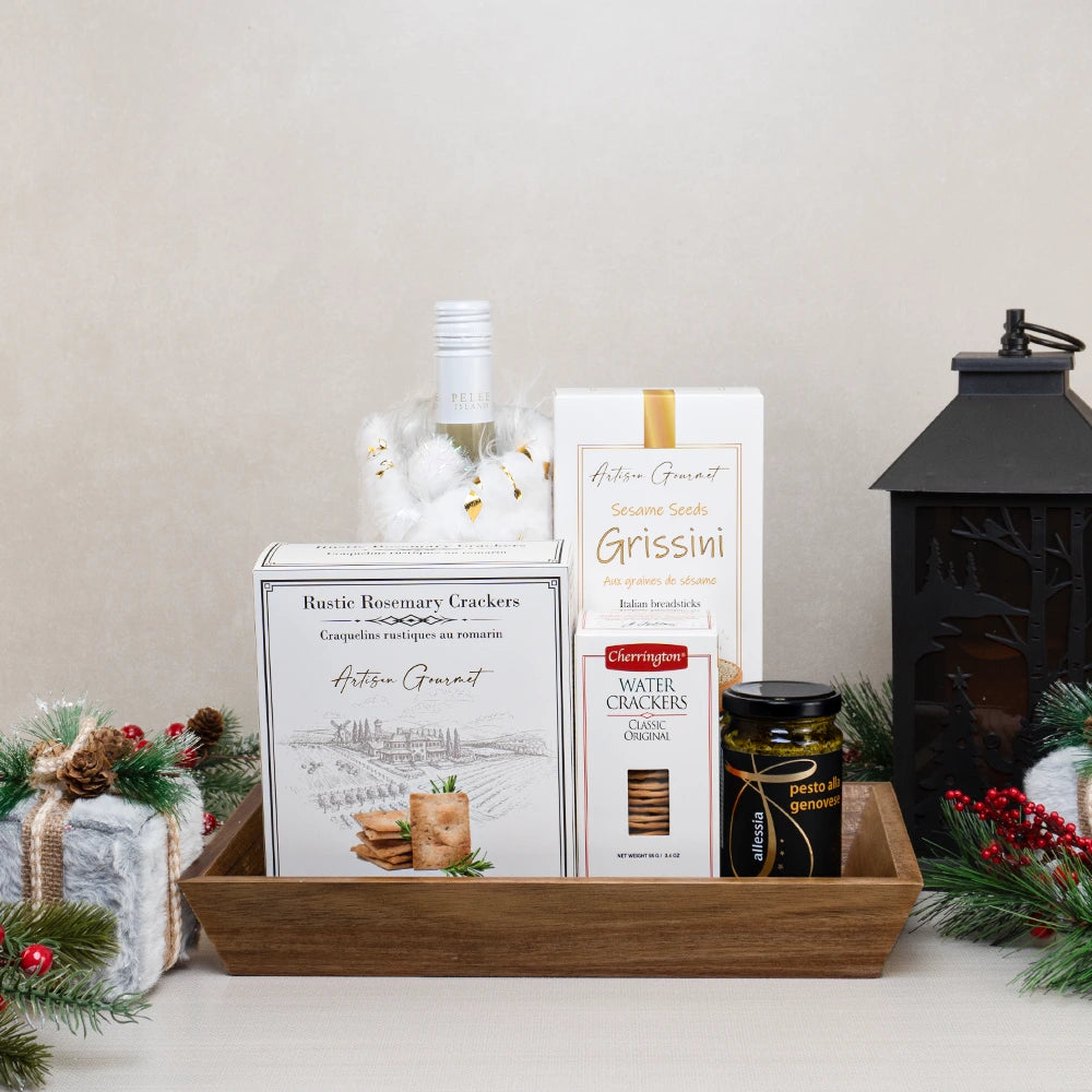 When Hearts Gather gift tray with white wine in a faux fur wrap, rosemary crackers, sesame grissini and basil pesto