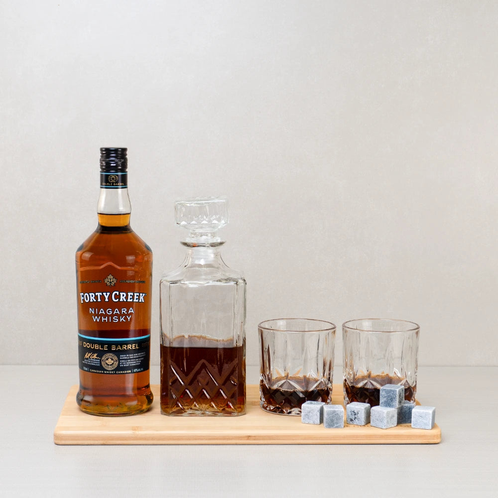 Whisky Connoisseur Gift Set: Forty Creek Double Barrel whisky with a cut glass decanter, two tumblers and whisky stones