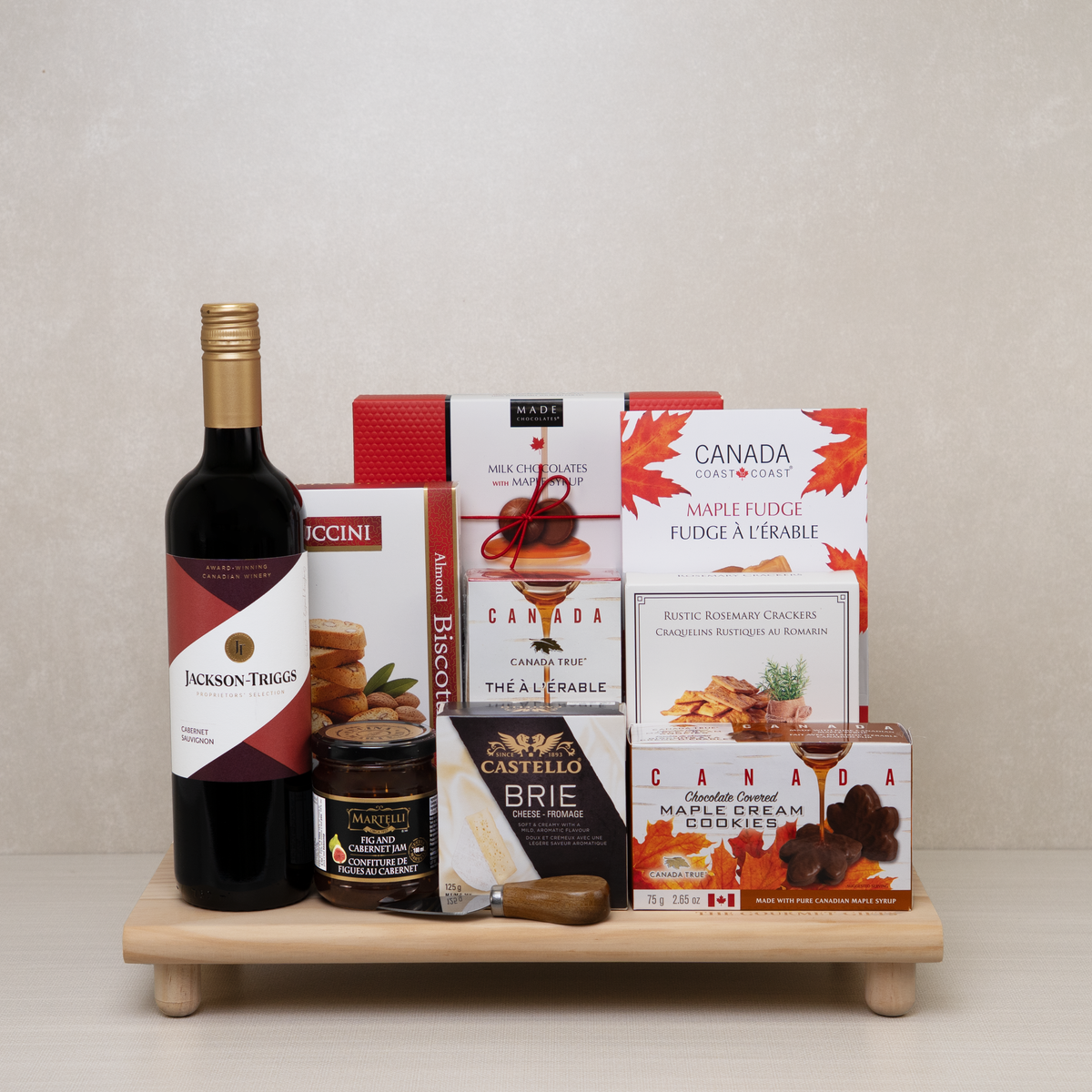 Wine & Maple Treats Gift Set with Jackson-Triggs Cabernet, Castello brie, maple fudge, maple cream cookies and fig jam