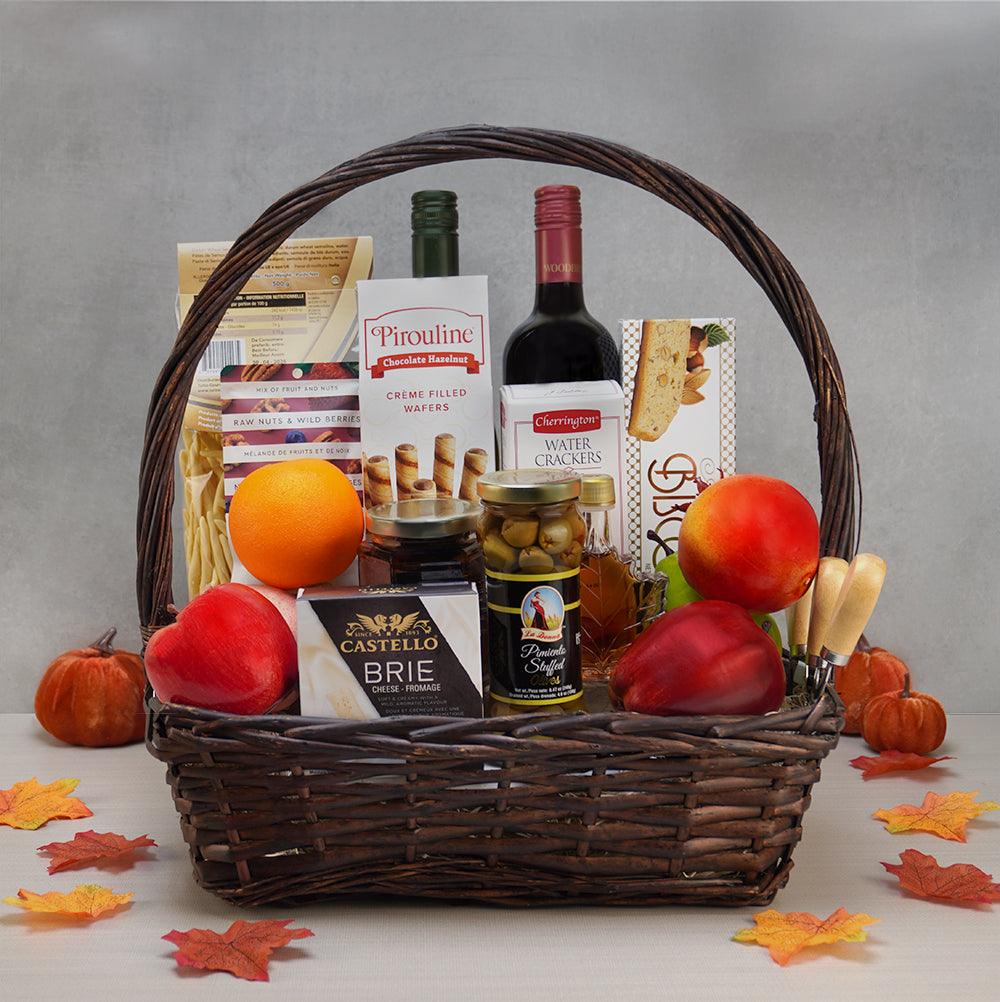 Autumn Harvest Wine & Gourmet Basket with red and white wine, Castello brie, maple syrup, Pirouline wafers and fresh fruit