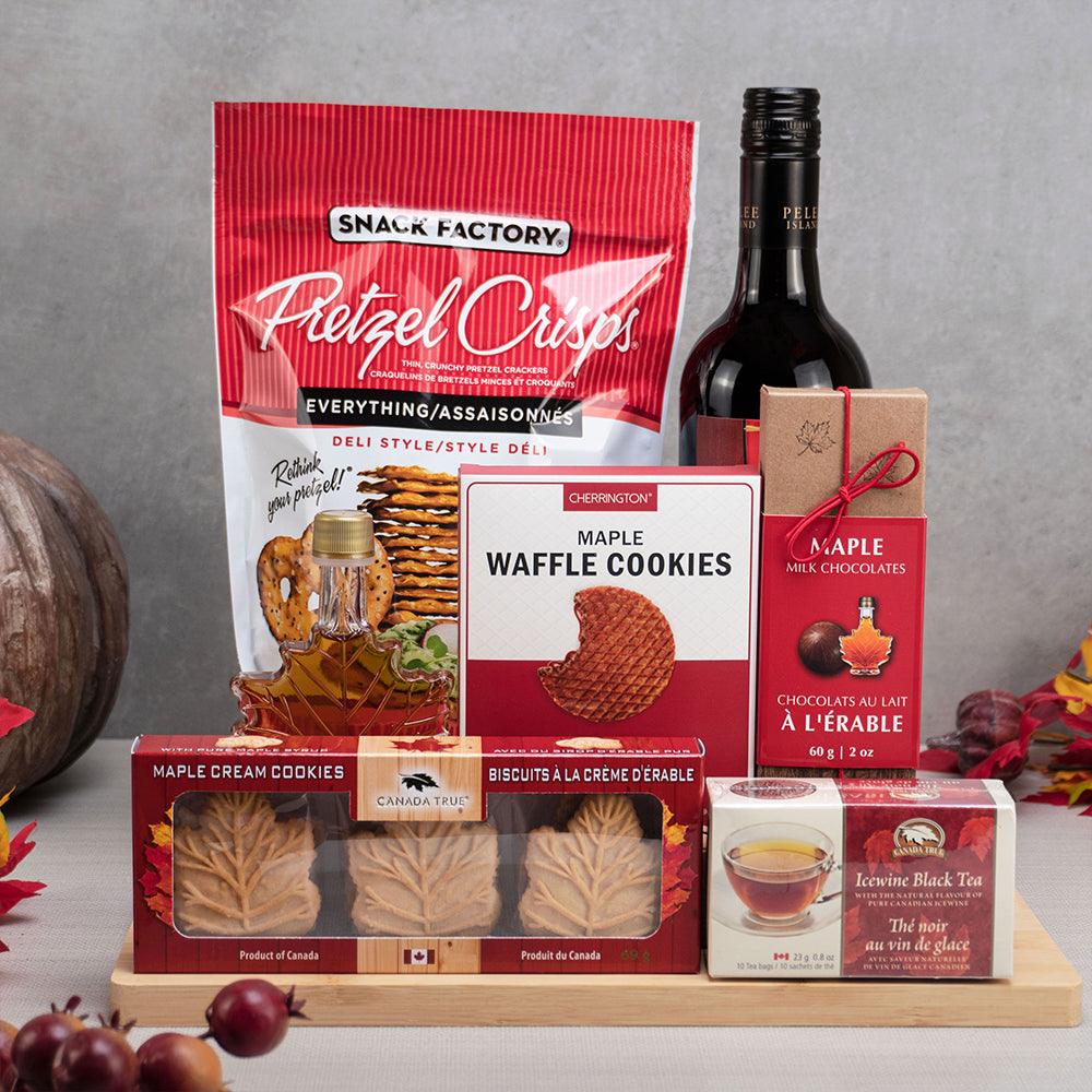 Canadian Maple Treats Collection with Pelee Island red wine, maple syrup, maple cream cookies, waffle cookies and icewine tea