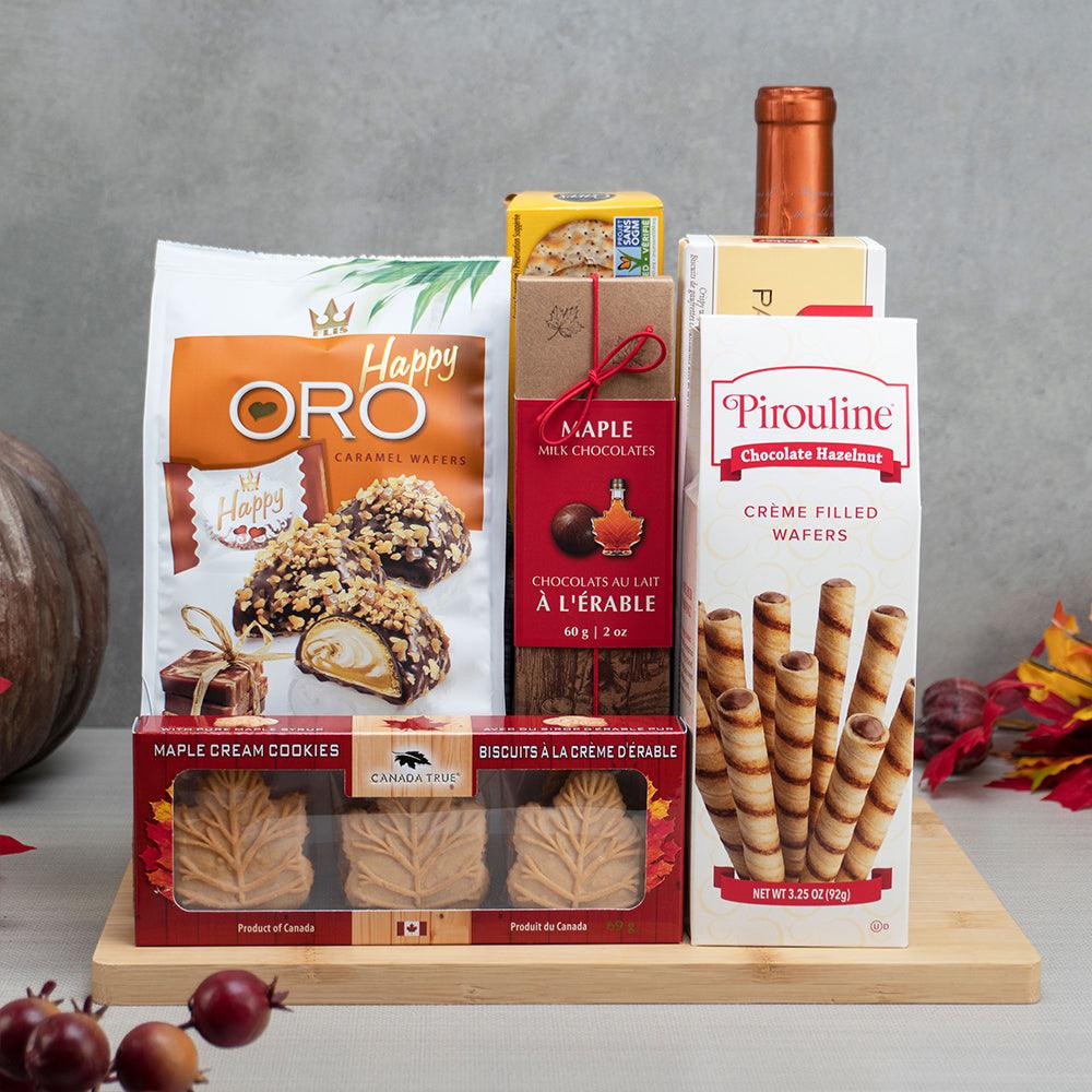 Chocolate & Maple Feast Basket with wine, maple cream cookies, maple chocolates, Happy Oro wafers and Pirouline wafers
