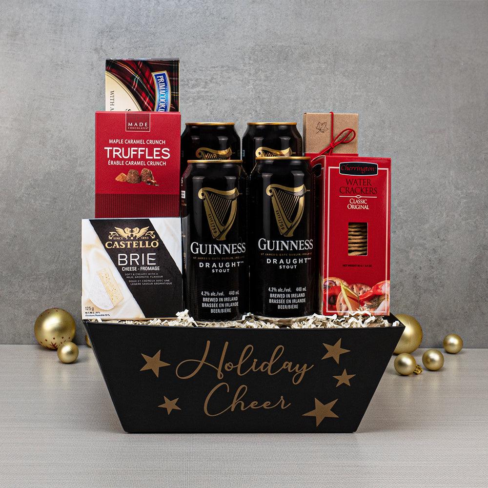 Festive Beer & Truffle Gift Set with Guinness Draught cans, Castello brie, truffles and crackers in a Holiday Cheer basket