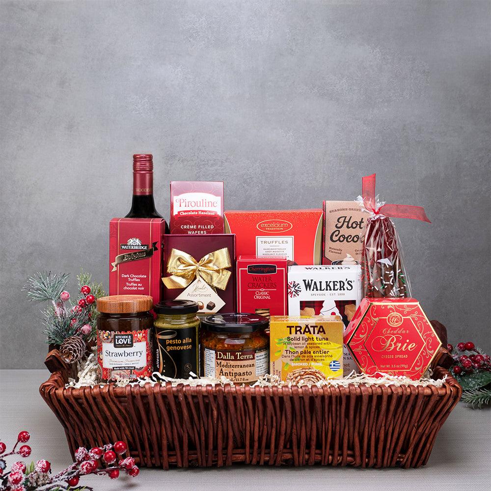 Grand Celebration Gift Basket with red wine, Walkers shortbread, Hamlet chocolates, Dalla Terra antipasto and Trata tuna