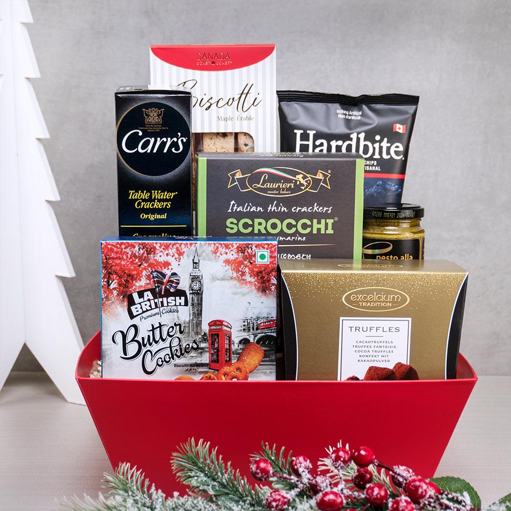 Joyful Tastes Holiday Basket with maple biscotti, Hardbite chips, Scrocchi crackers, butter cookies and truffles in a red tub