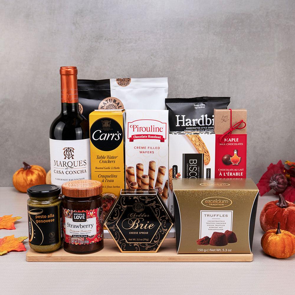 Majestic Flavors Gift Set with Casa Concha Cabernet, Pirouline wafers, Excelcium truffles, maple chocolates and pesto