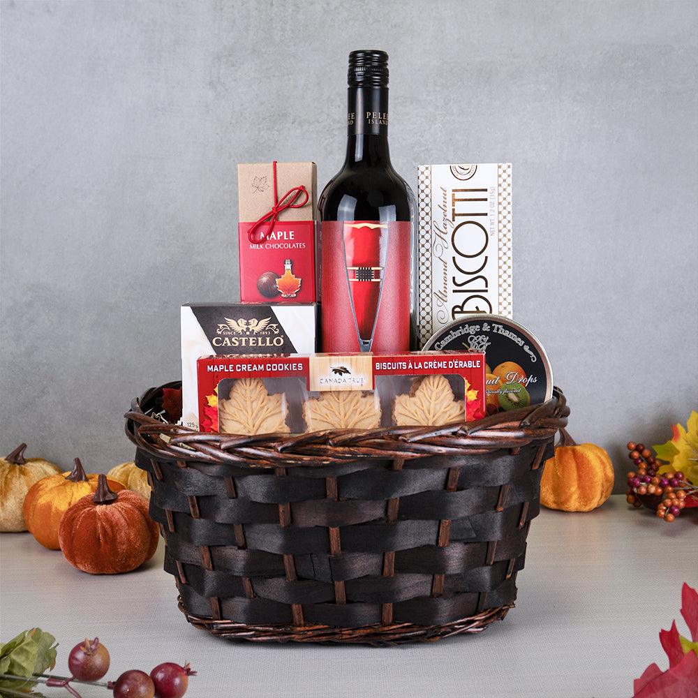 Maple Flavors & Wine Basket with Pelee Island red wine, maple leaf cream cookies, maple chocolates and Castello brie